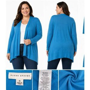 Susan Graver 1X Blue Open Front Duster Cardigan Sweater